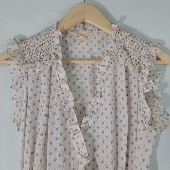 Rebecca Taylor Ikat Sleeveless Polkadot Wrap Dress Sz 2 White/Blue Ruffle - Picture 5 of 12